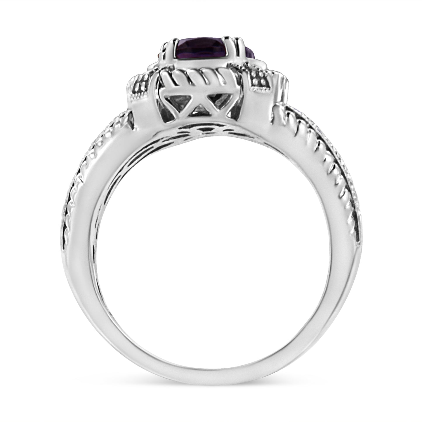 .925 Sterling Silver Amethyst and Diamond Accent Ring - Size 7