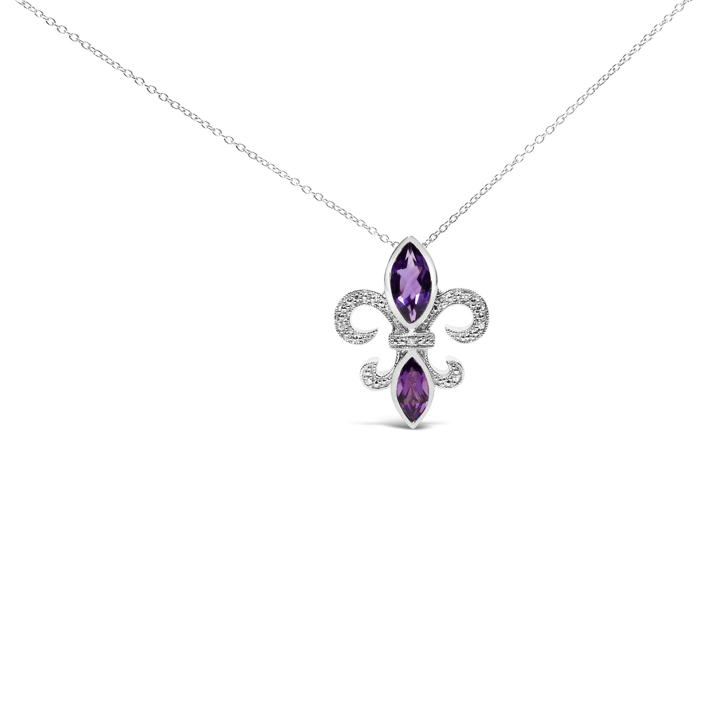 Collar con colgante de flor de lis de plata esterlina .925, amatista púrpura y diamantes
