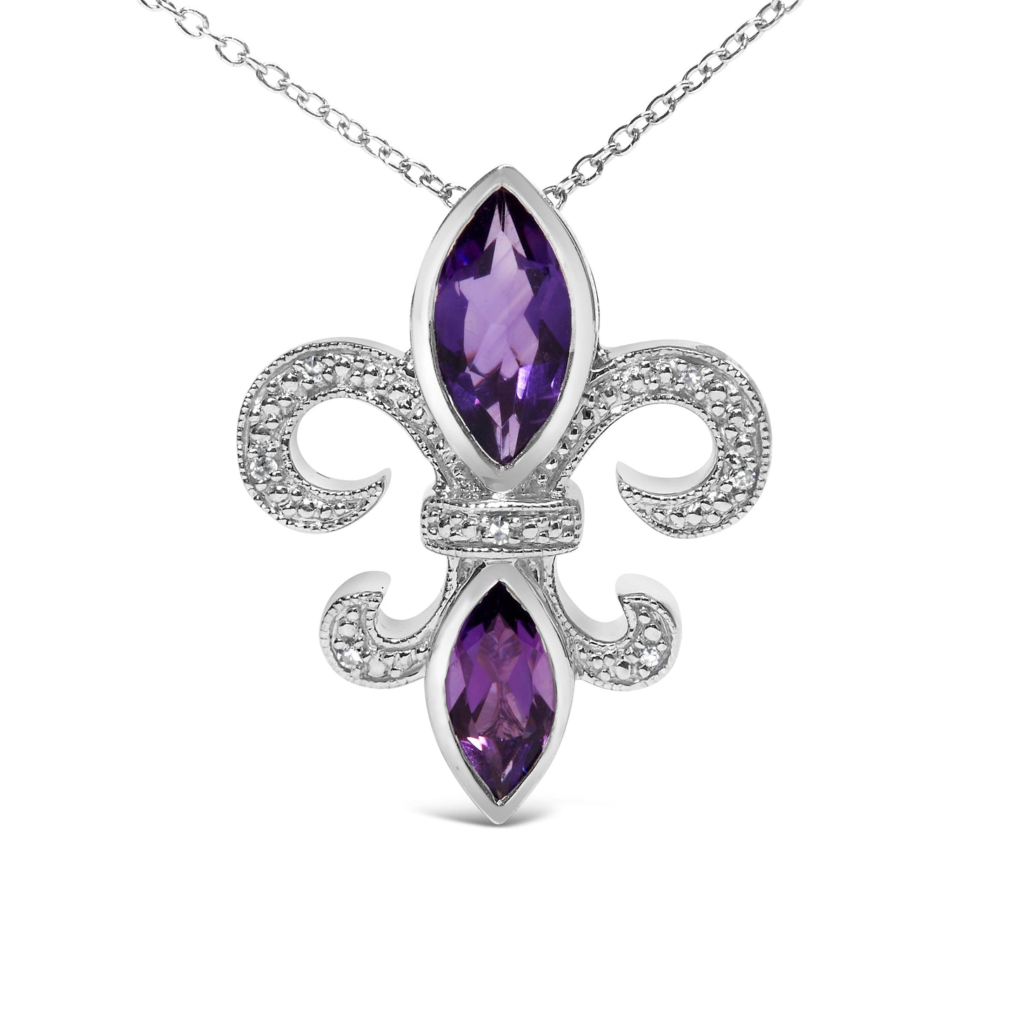 Collar con colgante de flor de lis de plata esterlina .925, amatista púrpura y diamantes