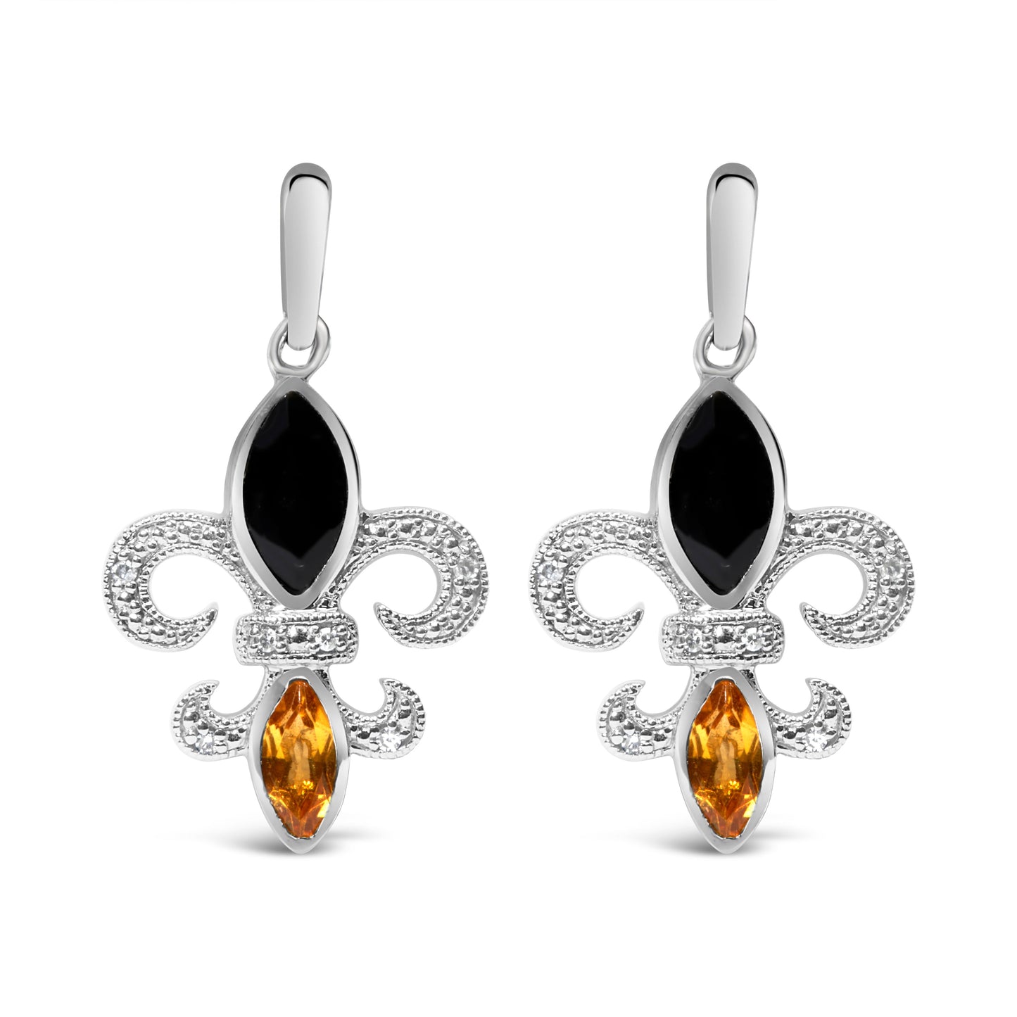 Boucles d'oreilles pendantes en argent sterling .925 avec fleur de lys, onyx et citrine