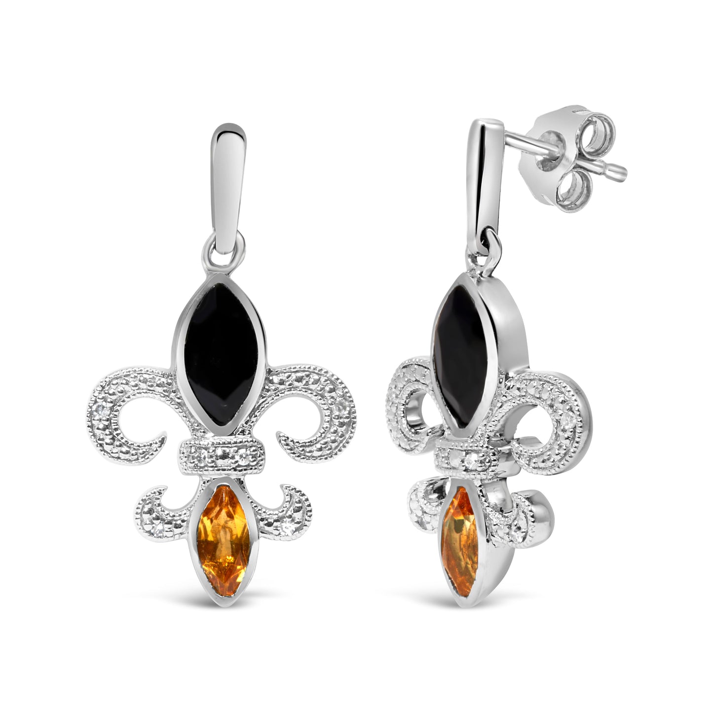 Boucles d'oreilles pendantes en argent sterling .925 avec fleur de lys, onyx et citrine