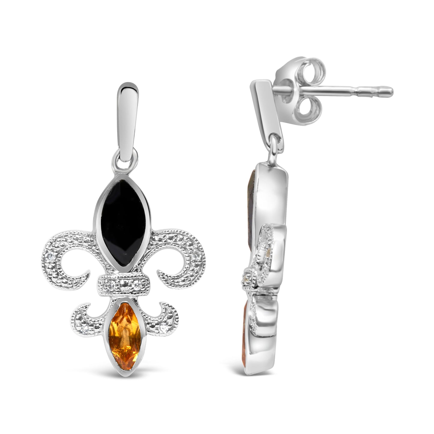 Boucles d'oreilles pendantes en argent sterling .925 avec fleur de lys, onyx et citrine