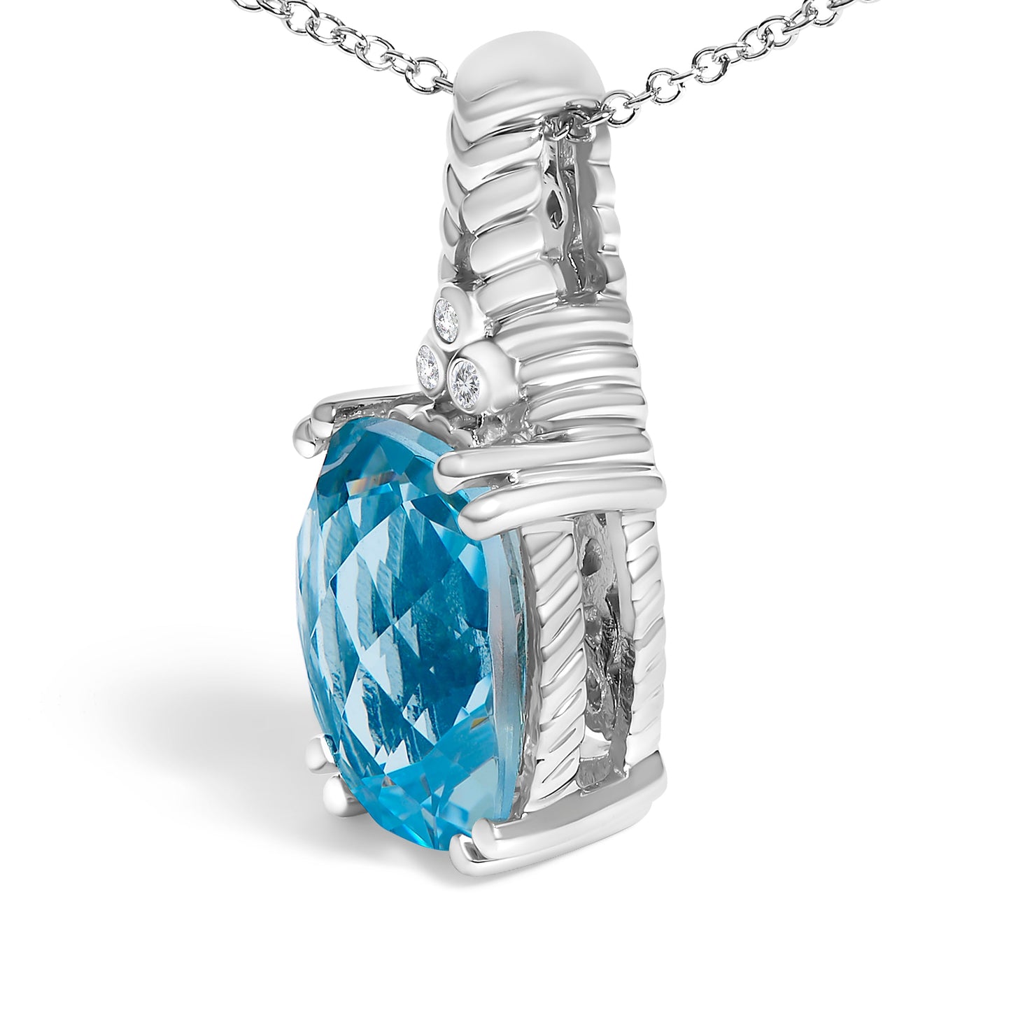 .925 Sterling Silver Blue Topaz and Diamond Pendant Necklace - 18"