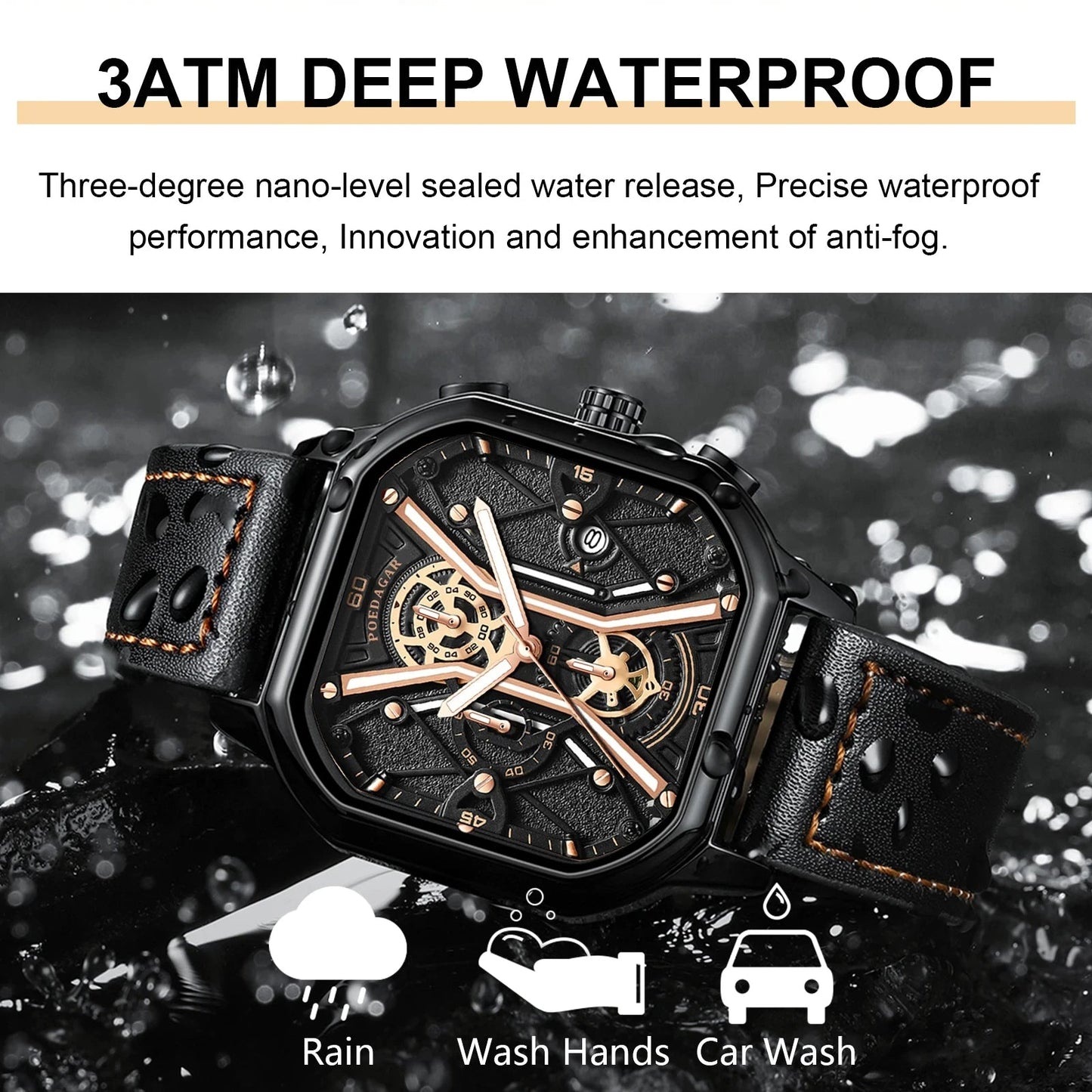 POEDAGAR Fashion Men Luxury Wristwatches Chronograph Luminous Waterproof Date Man Watch Square Dial Leather Quartz Men's Watches - Korvel