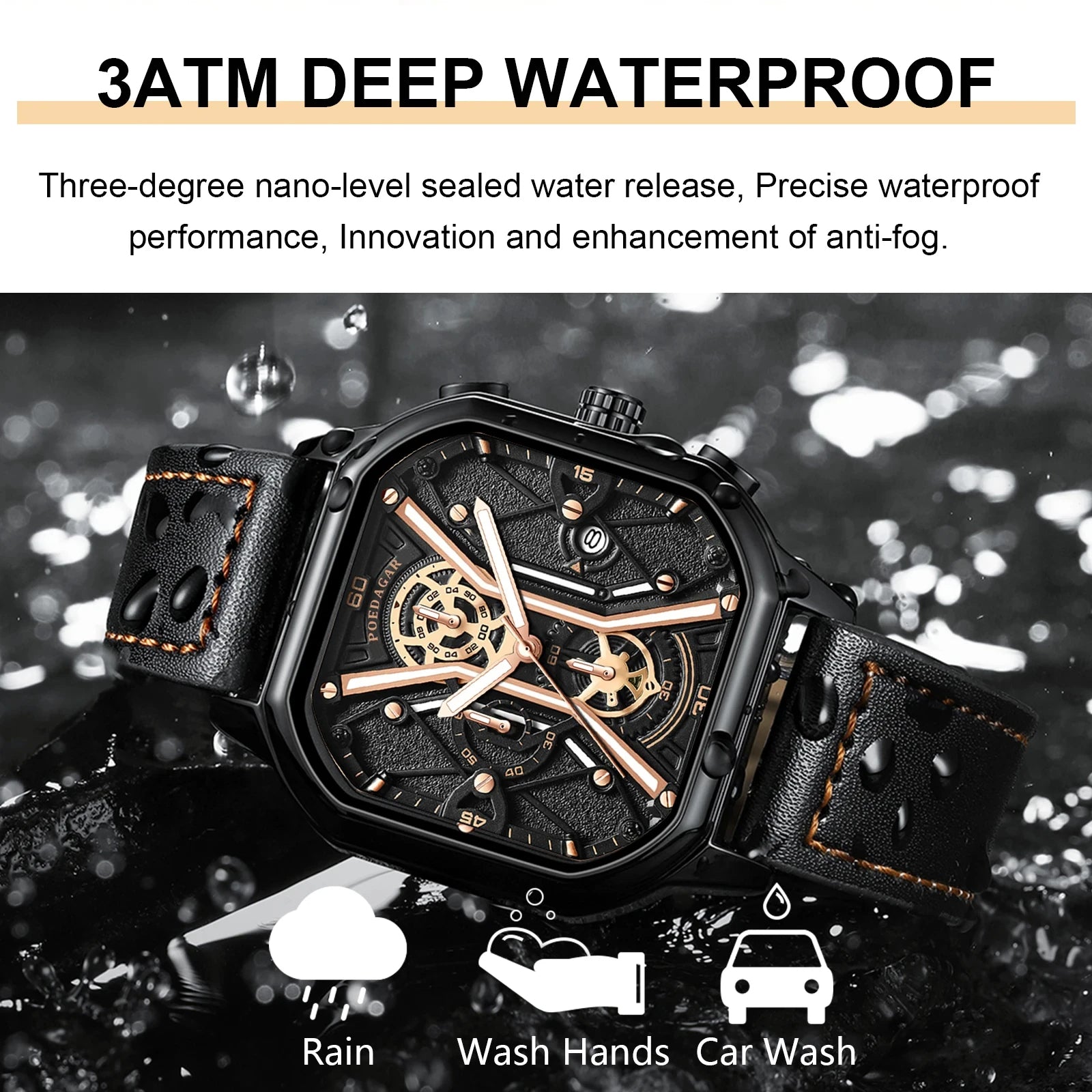POEDAGAR Fashion Men Luxury Wristwatches Chronograph Luminous Waterproof Date Man Watch Square Dial Leather Quartz Men's Watches - Korvel