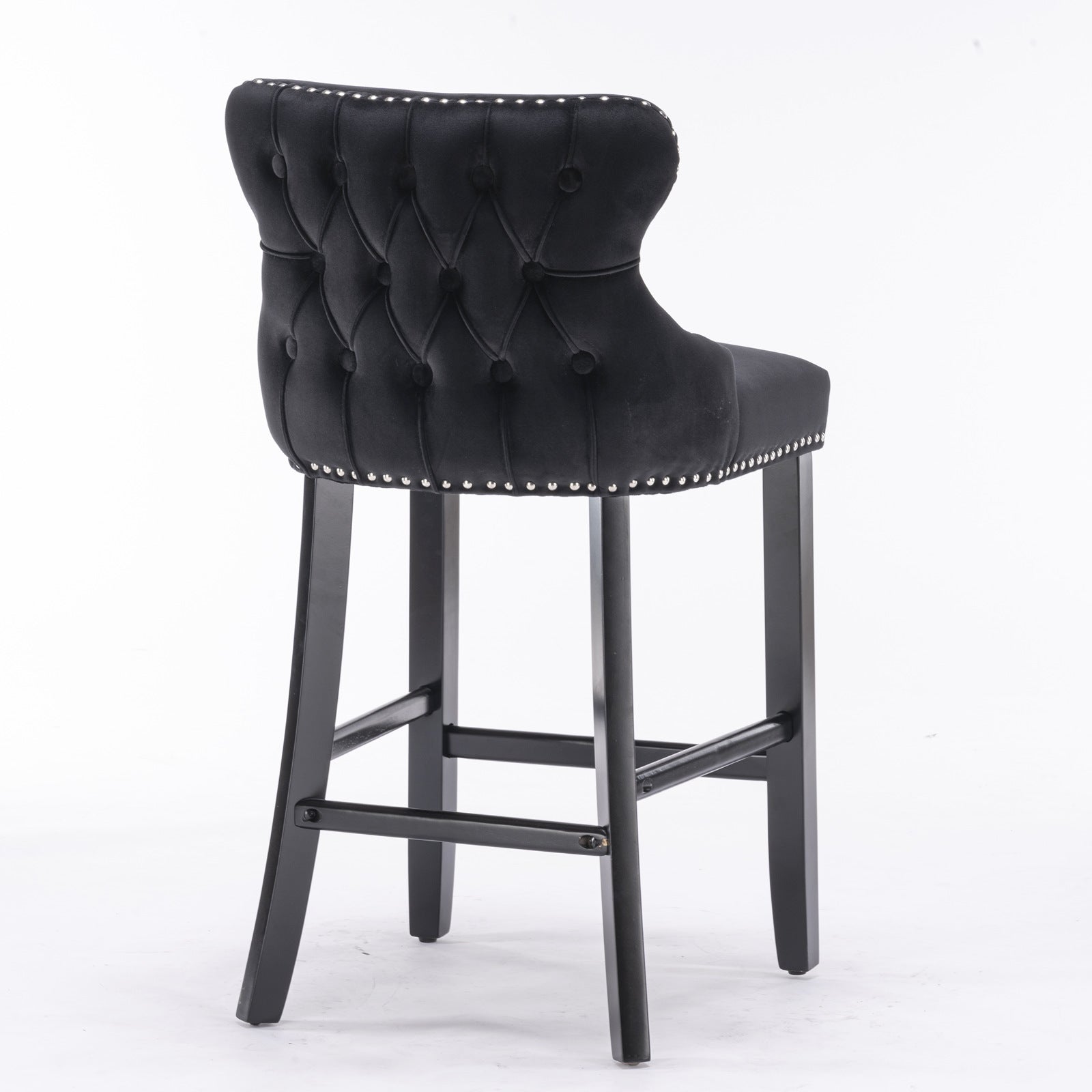Velvet padded wing back bar stool with button cluster decoration and wooden leg chrome nail head decoration 2-piece set (black) - Korvel