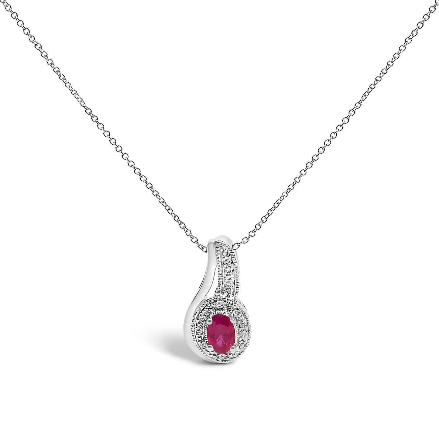 .925 Sterling Silver Red Ruby and Diamond Accent Pendant Necklace