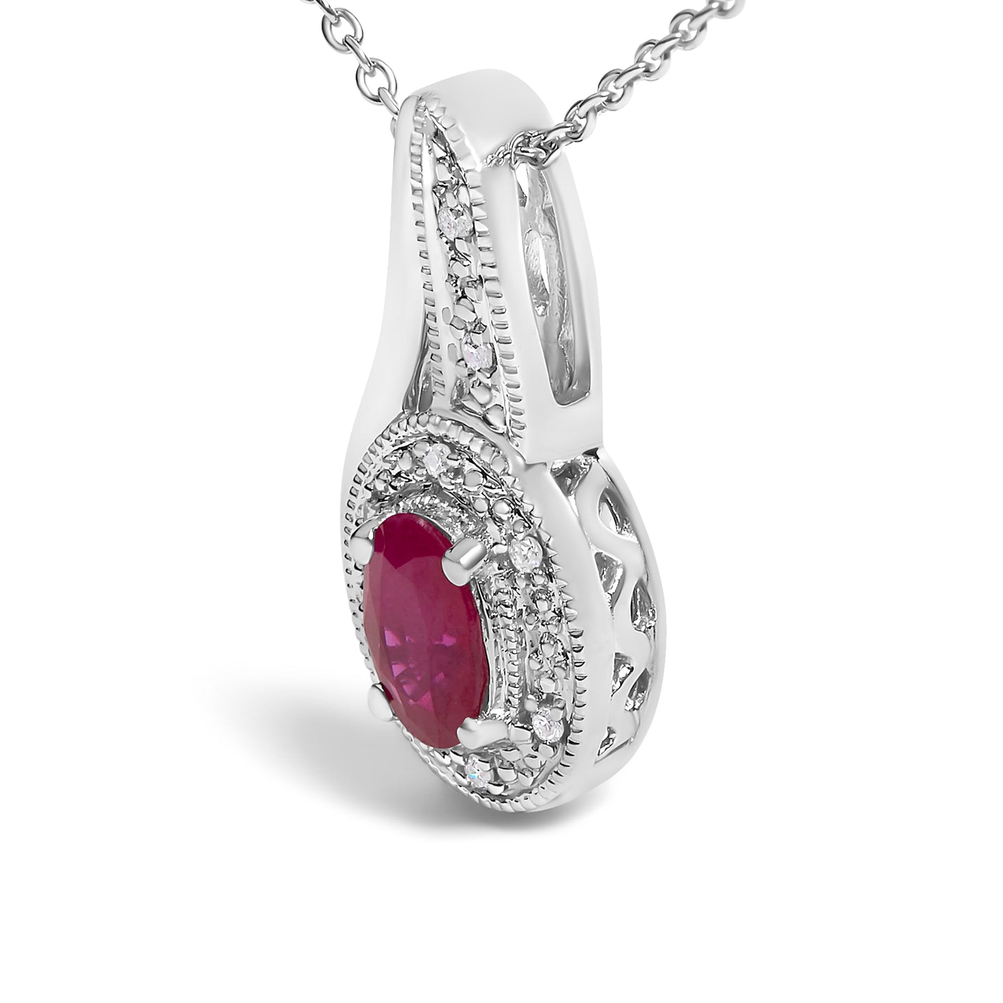 .925 Sterling Silver Red Ruby and Diamond Accent Pendant Necklace