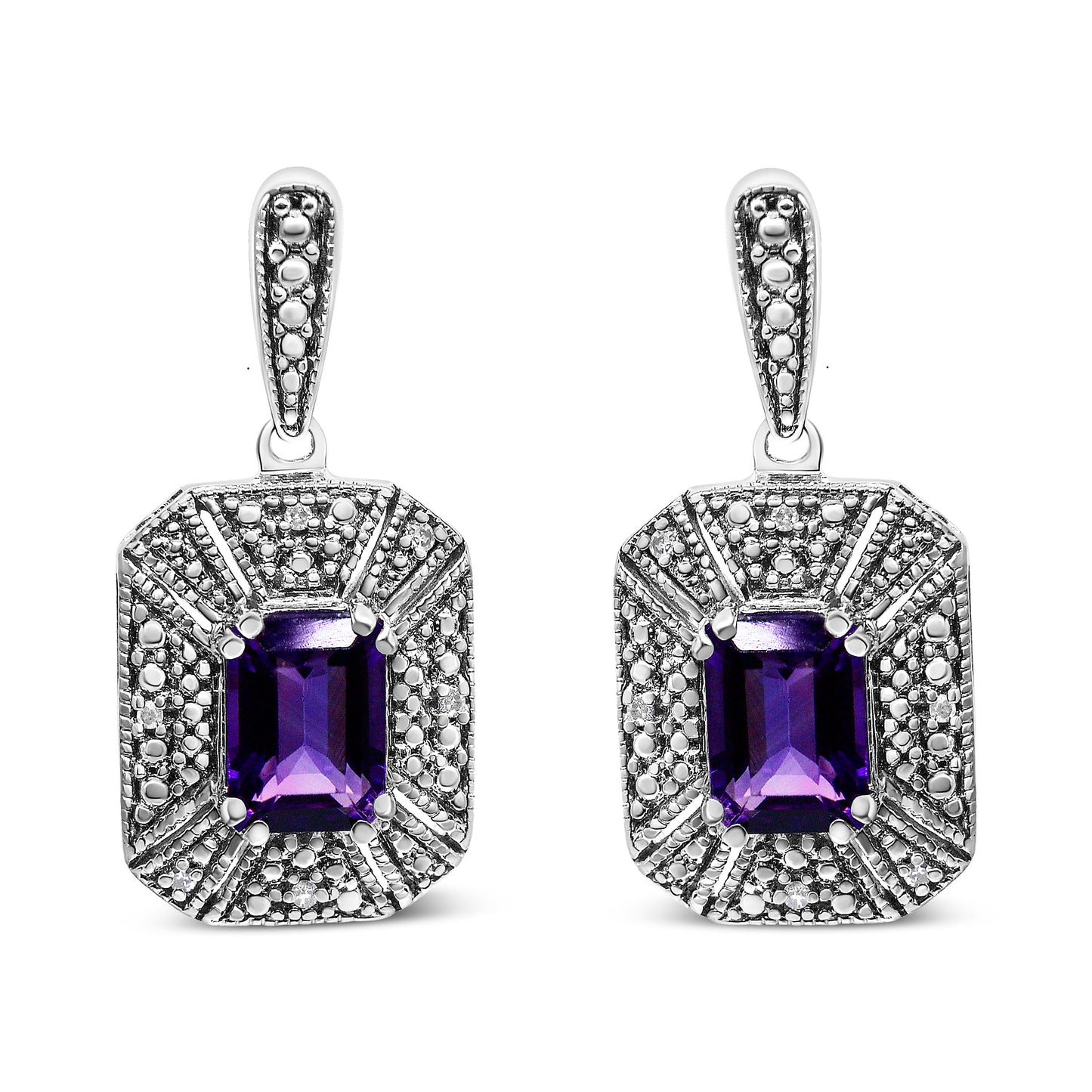 Pendientes de Stud de Plata Esterlina .925 con Acento de Amatista y Diamante
