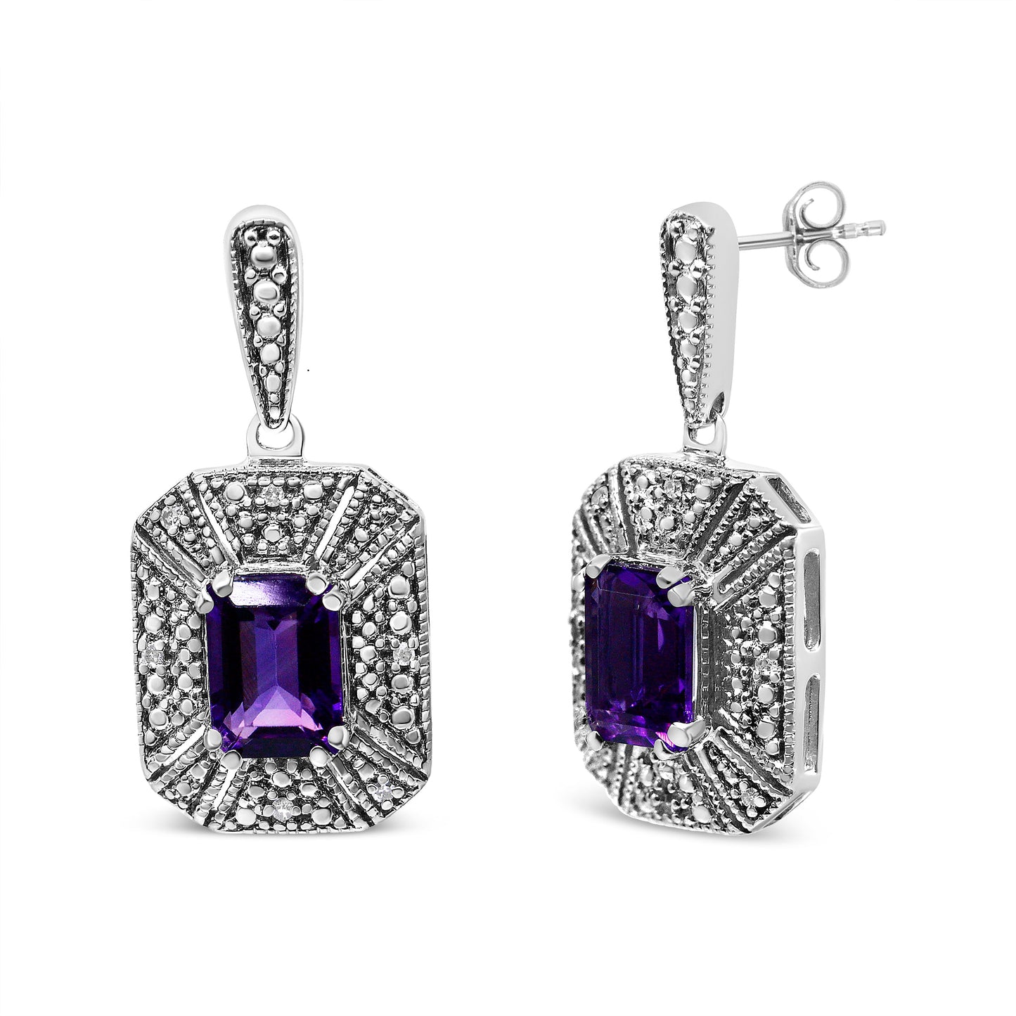 Pendientes de Stud de Plata Esterlina .925 con Acento de Amatista y Diamante