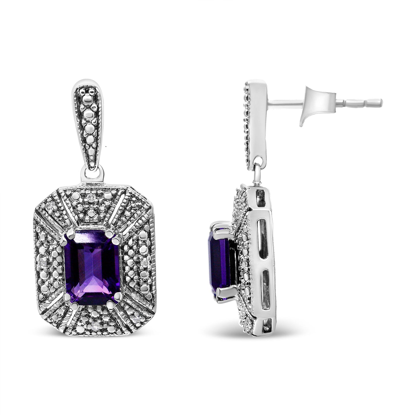 Pendientes de Stud de Plata Esterlina .925 con Acento de Amatista y Diamante