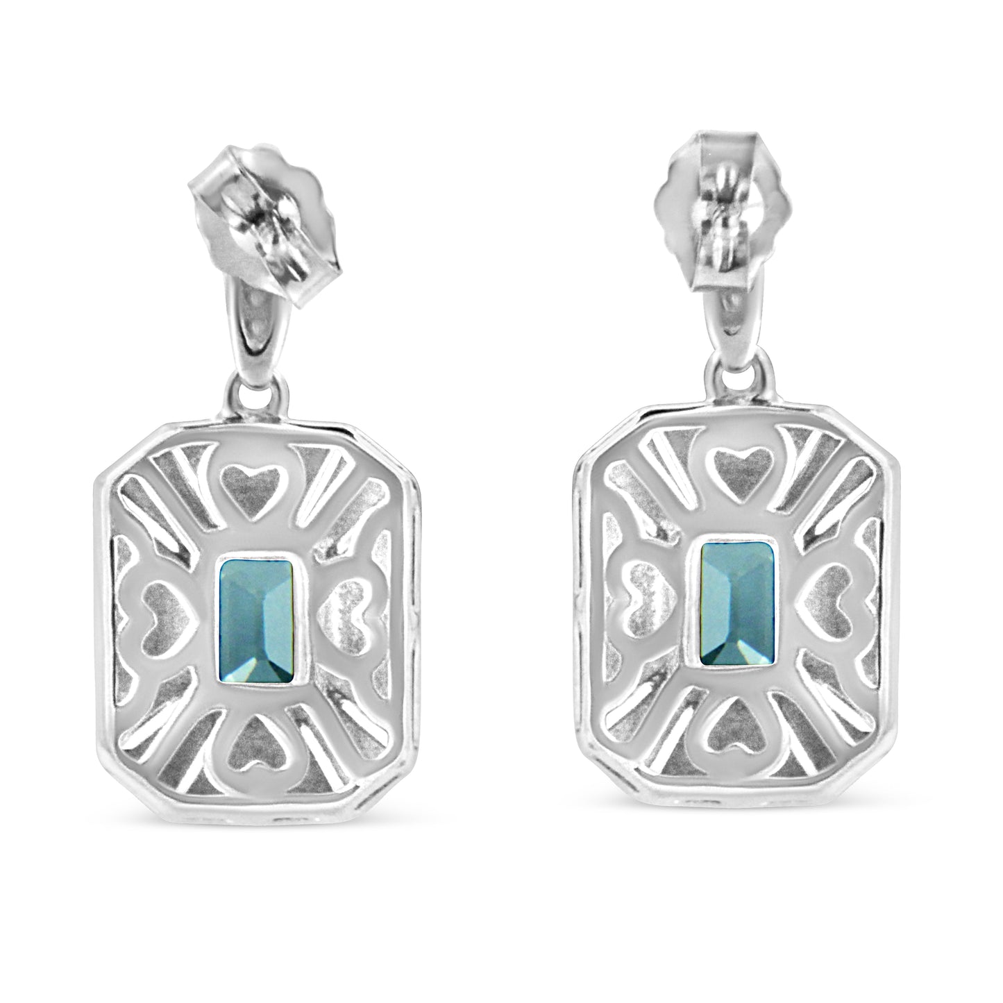 Boucles d'oreilles en argent sterling .925 avec topaze bleue en forme d'émeraude et accents de diama