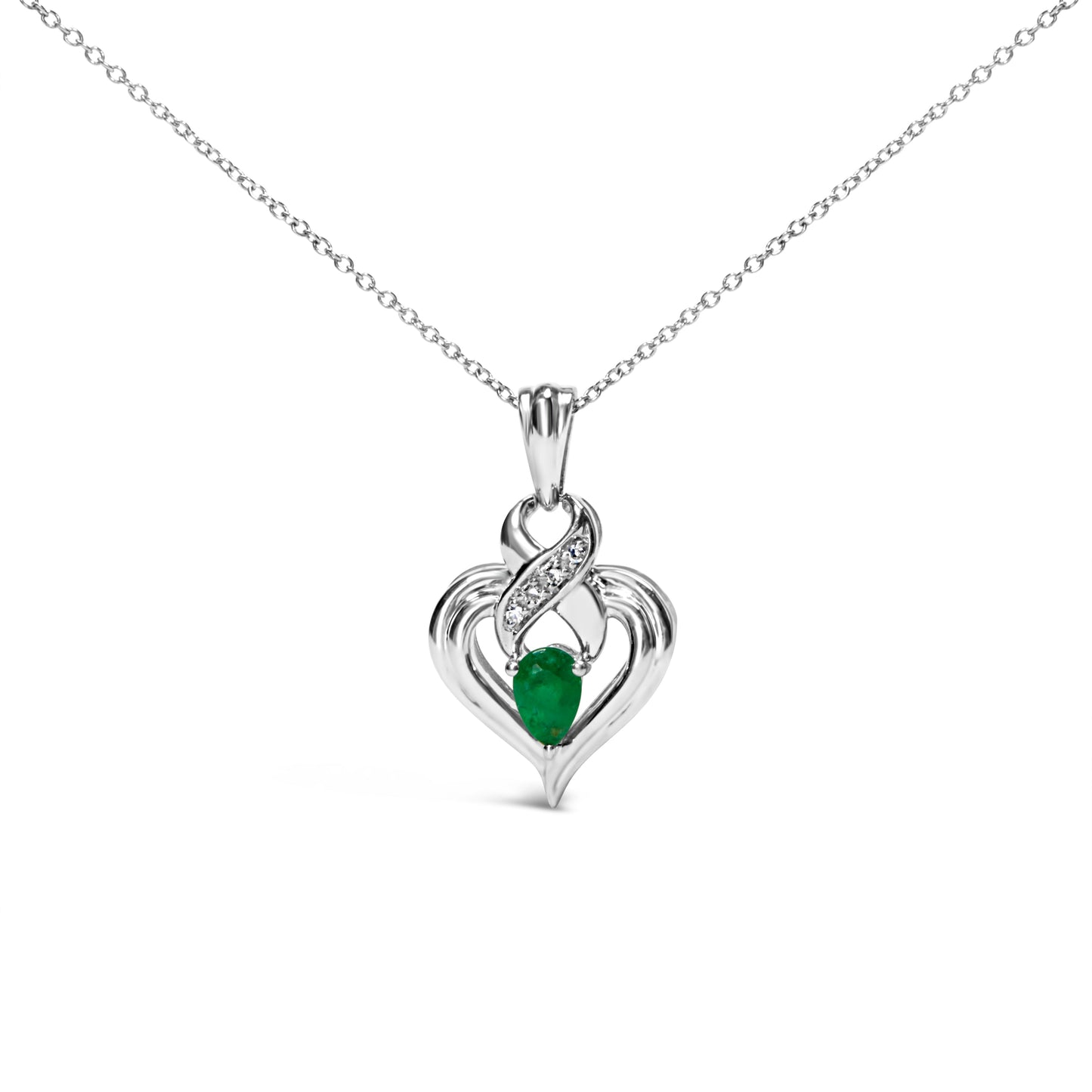Collier Pendentif Cœur en Émeraude et Diamant en Argent Sterling .925 - 18 Pouces