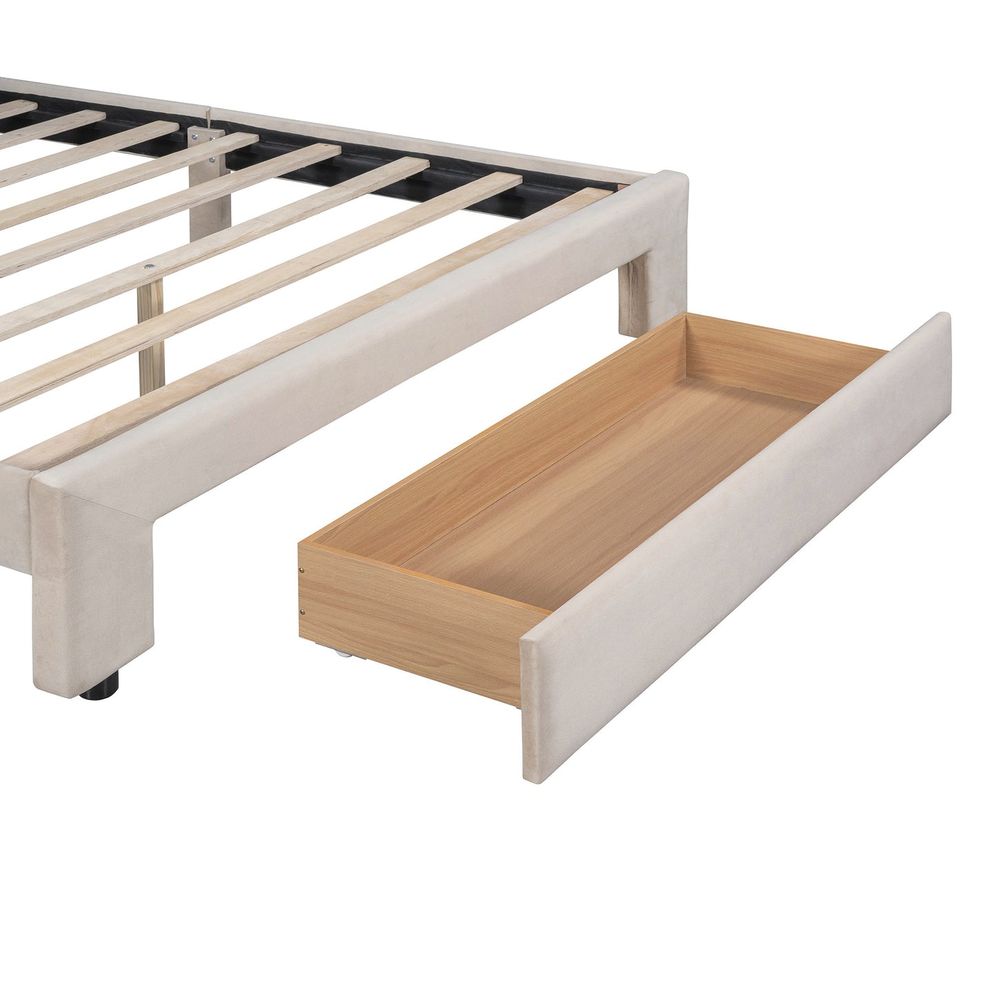 Queen Size Storage Bed Velvet Upholstered Platform Bed with a Big Drawer - Beige - Korvel