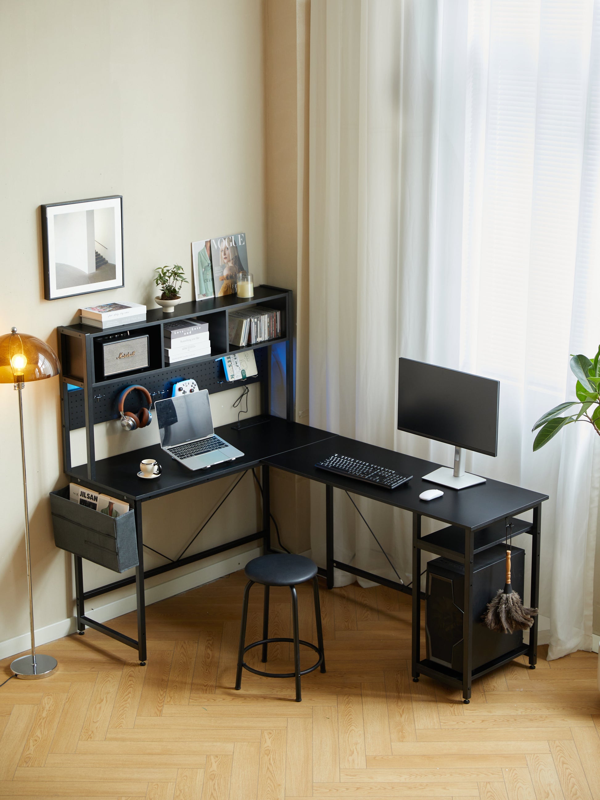 94.5 Inch Home Office Desk L shape gaming desk with LED storage Shelves METAL PANNEL and stool (BLACK) - Korvel