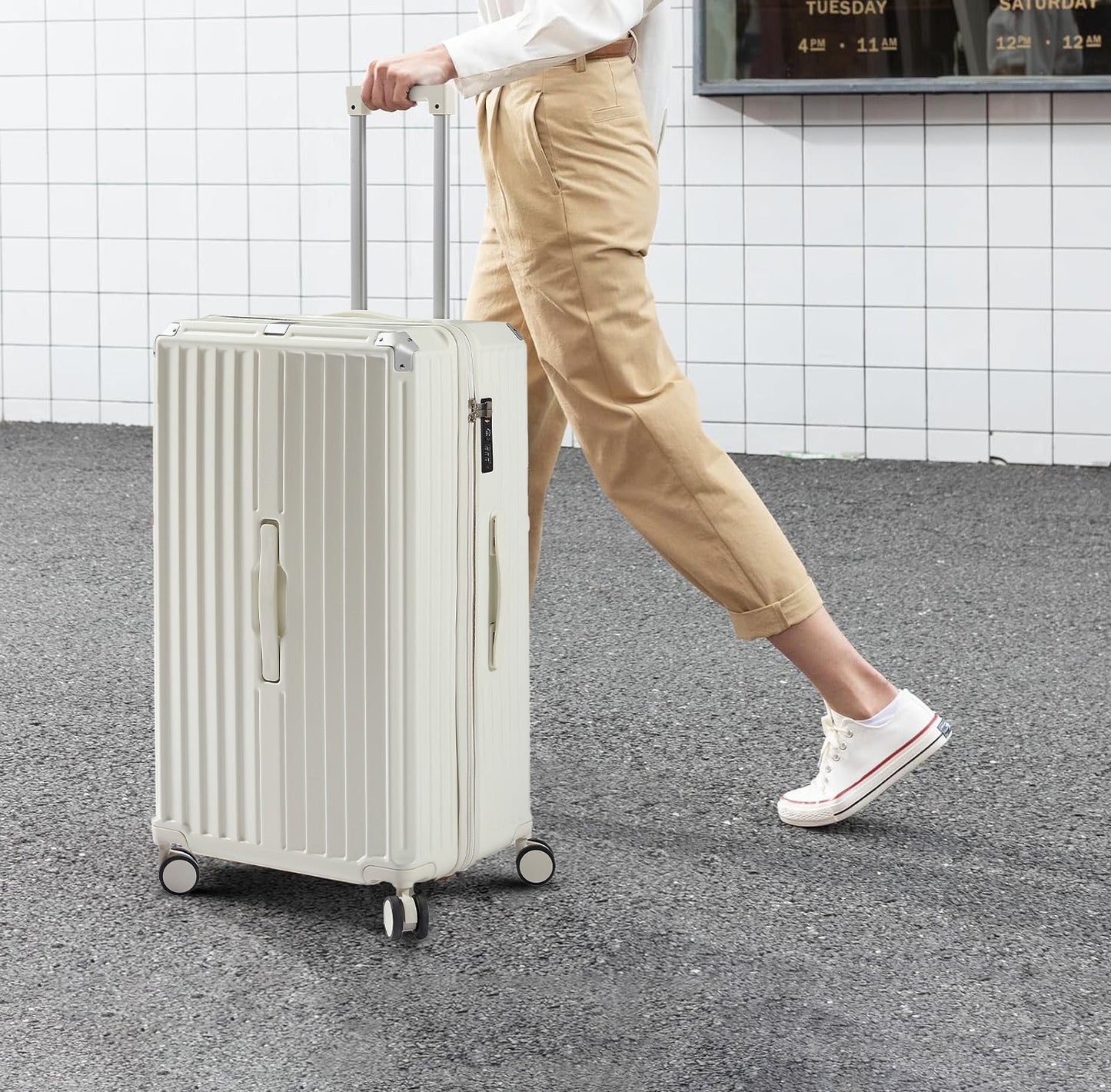Luggage Set 4 pcs (20"/24"/29"/Travel Bag), PC+ABS Durable Lightweight Luggage with Collapsible Cup Holder、 TSA Lock, White - Korvel