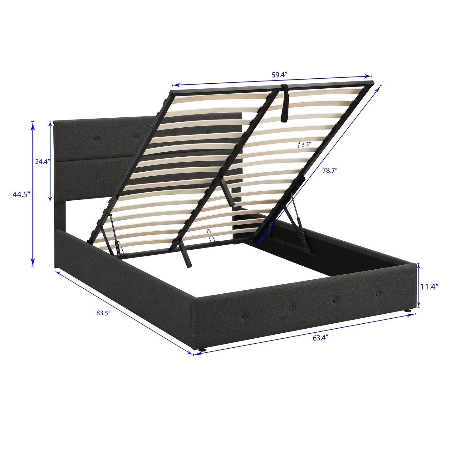 Lit plateforme queen rembourré avec rangement - Gris