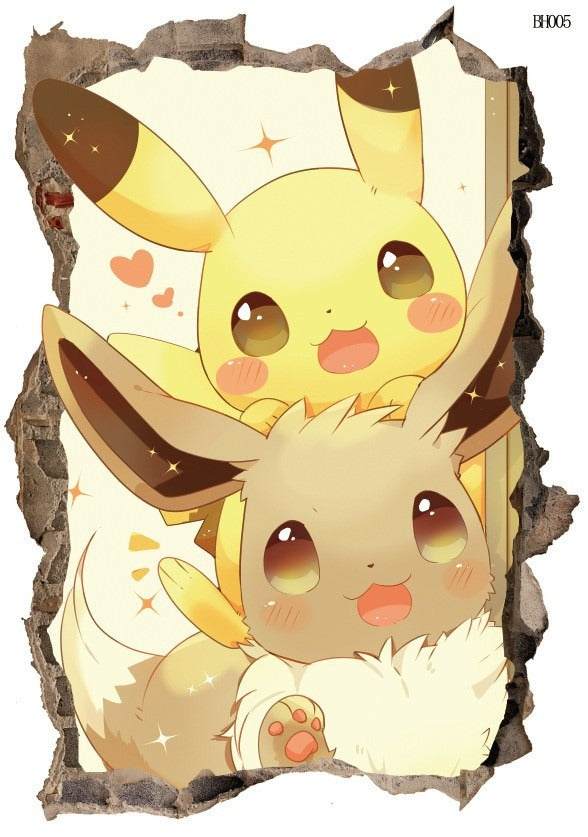 New 3D Pikachu Wall Sticker Pok é mon Wallpaper Self adhesive Cartoon Graffiti Anime Poster Children's Room PVC - Korvel