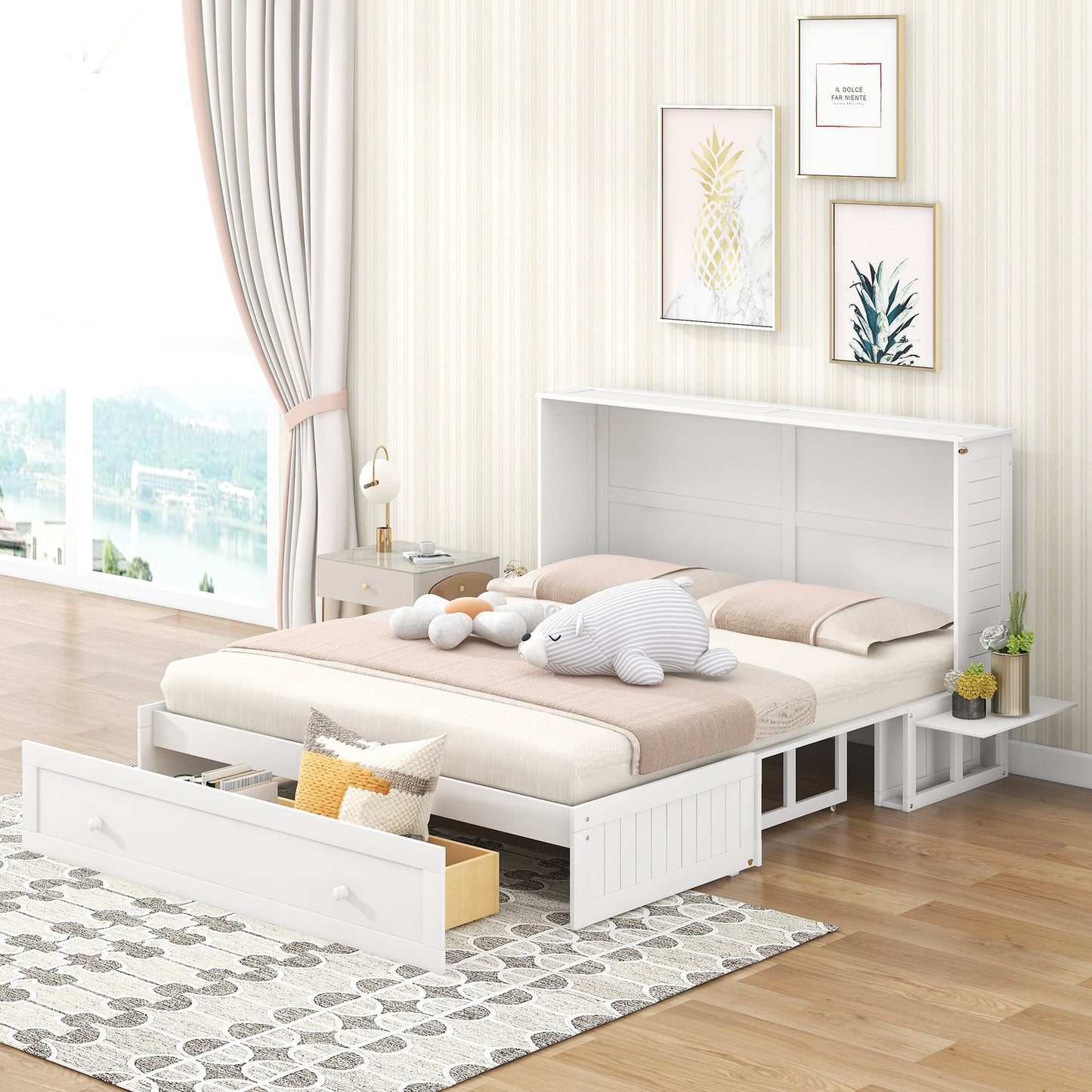 Queen Size Mobile Murphy Bed with Drawer and Little Shelves on Each Side White - Korvel