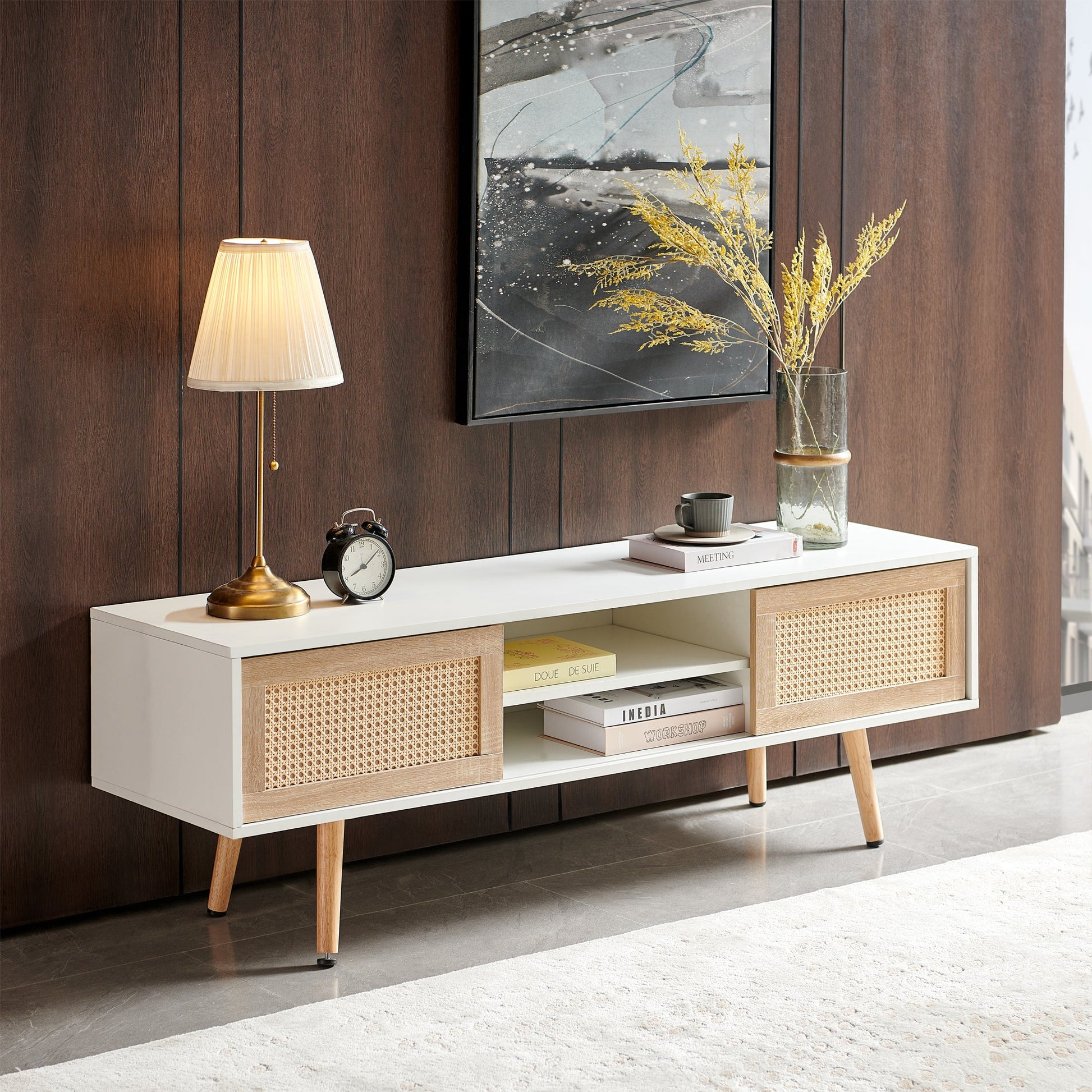 55.12" Rattan TV cabinet double sliding doors for storage adjustable shelf solid wood legs TV console for living room  White - Korvel
