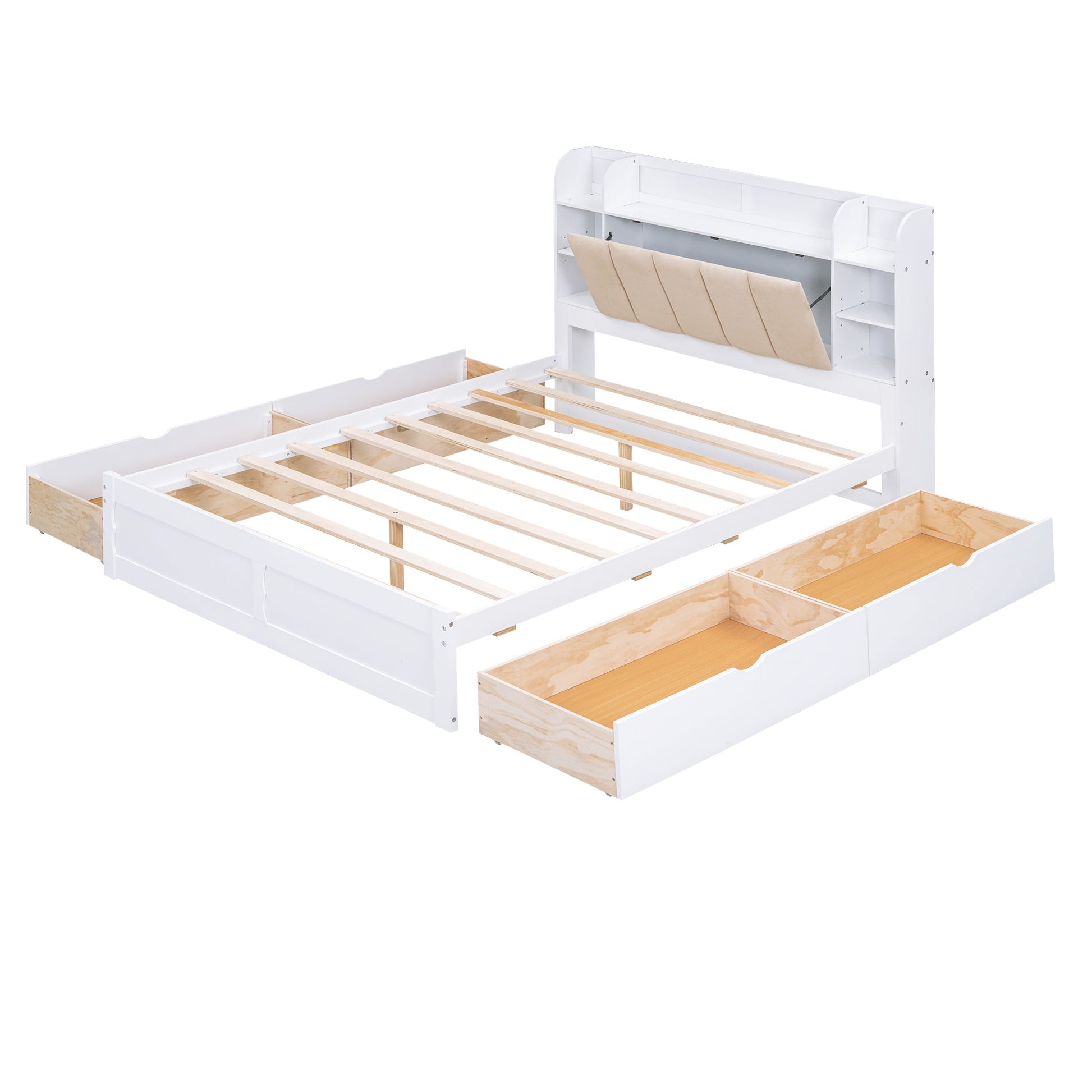 Wood Queen Size Platform Bed with Storage Headboard  Shelves and 4 Drawers  White - Korvel