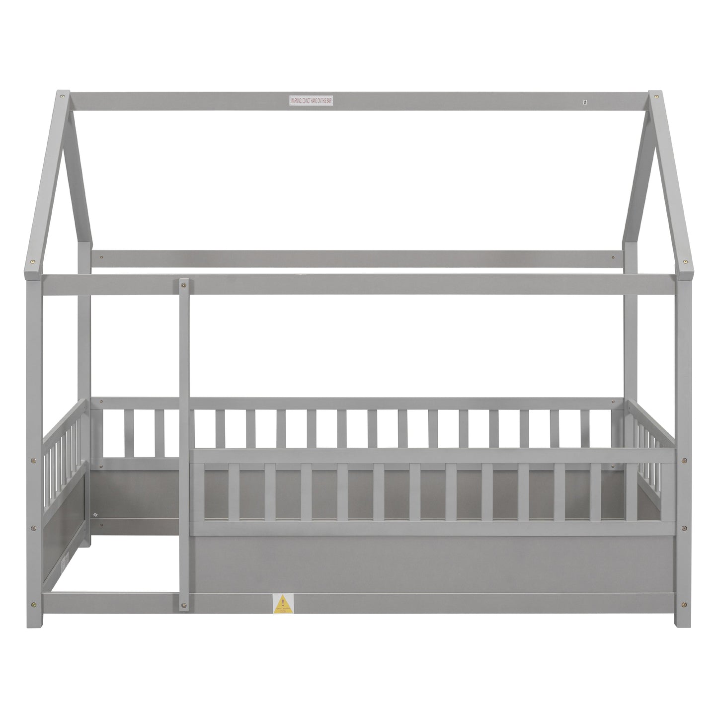 Twin Size Floor Wooden Bed with House Roof Frame Fence Guardrails Grey - Korvel