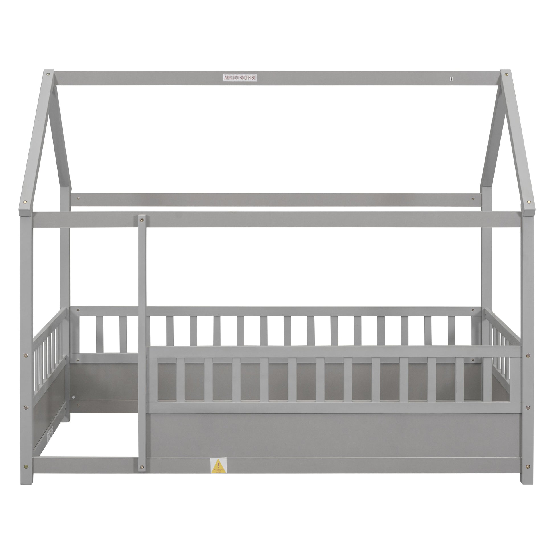 Twin Size Floor Wooden Bed with House Roof Frame Fence Guardrails Grey - Korvel