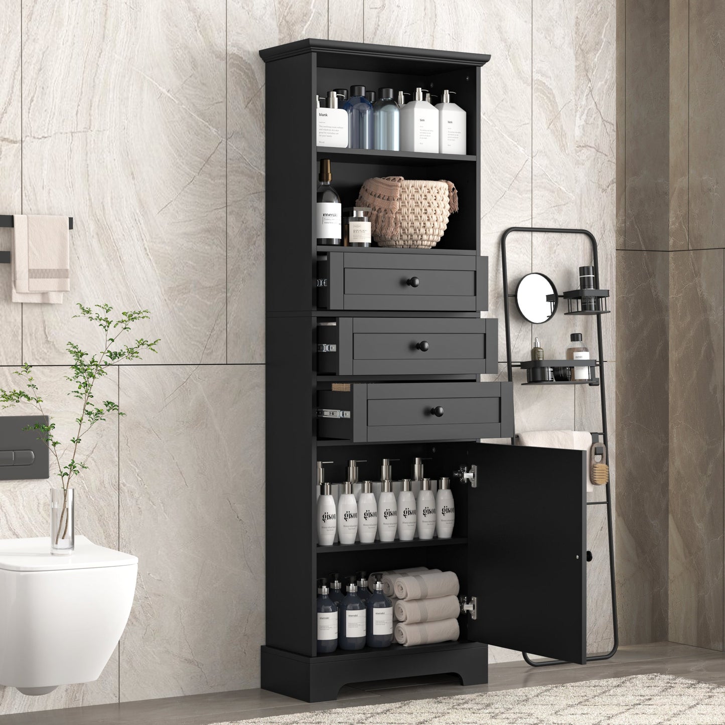 Elegant Black High Storage Cabinet with 3 Drawers