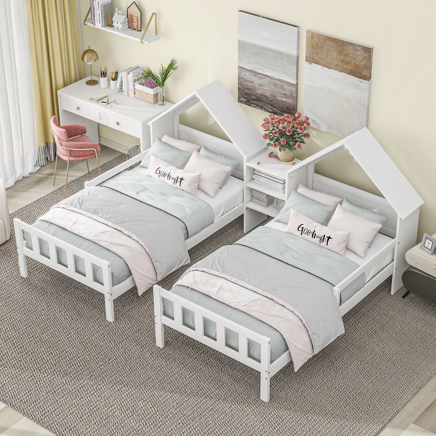 Double Twin Size Platform Bed with House Headboard and Nightstand, White