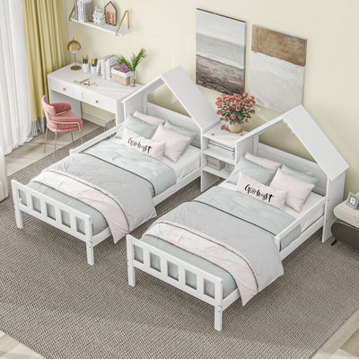 Double Twin Size Platform Bed with House Headboard and Nightstand, White