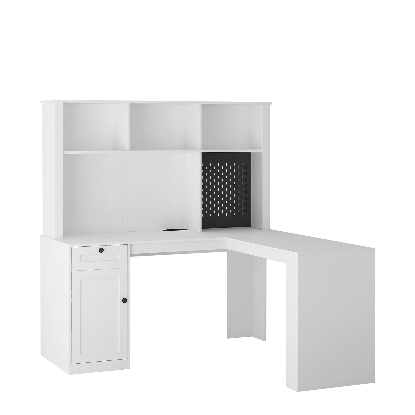 Corner gaming computer desk with socket, drawers, bookshelf and writing desk, modern L-shaped learning desk with storage space - Korvel