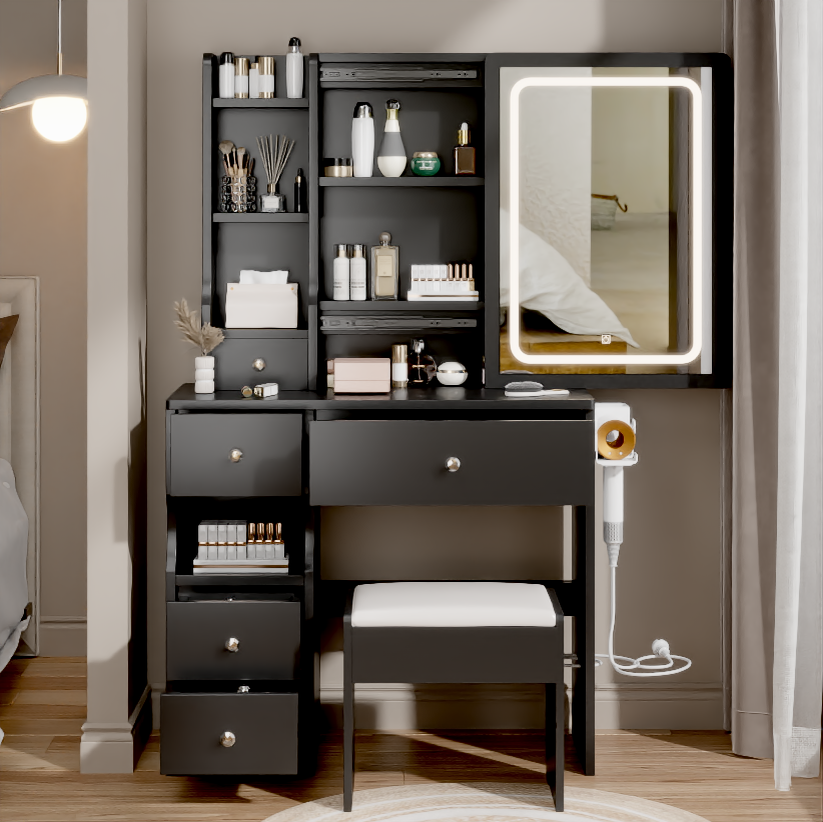 Left drawer desktop vanity+cushioned stool, 2 AC+2 USB power stations, touch sliding LED mirror, tri color switch - Korvel