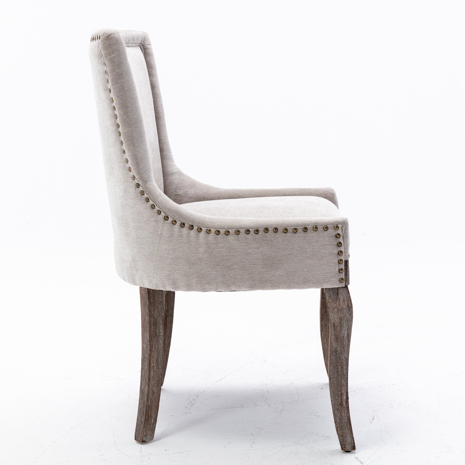 Ultra Side Dining Chair Thickened fabric chairs with neutrally toned solid wood legs  Bronze nail head Set of 2 Beige - Korvel