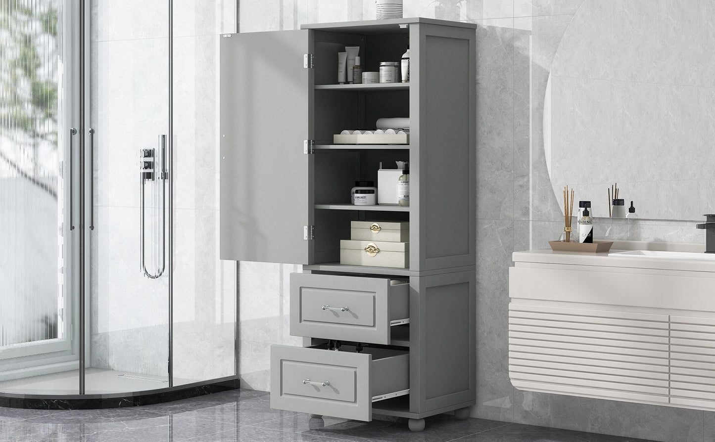 Tall Bathroom Storage Cabinet, Freestanding Storage Cabinet with Two Drawers and Adjustable Shelf, MDF Board , Grey - Korvel