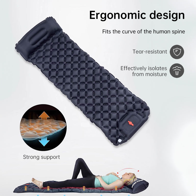 Outdoor double inflatable sleeping pad – with built-in pillow & pump, for camping, backpacking, hiking. - Korvel