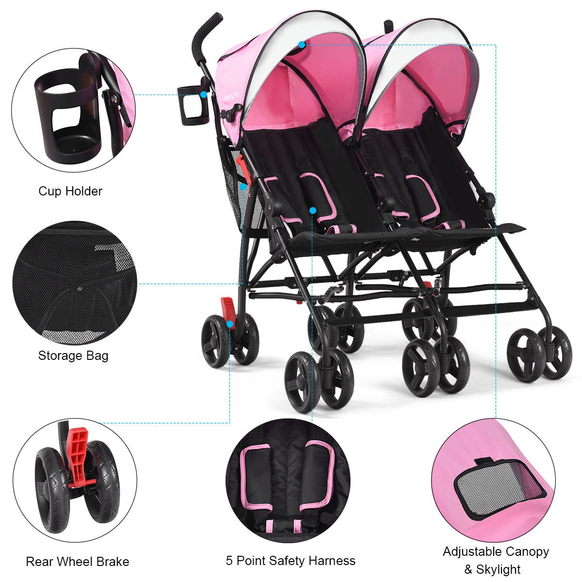 Gbruno Ultralight Foldable Twin Baby Double Stroller - Pink