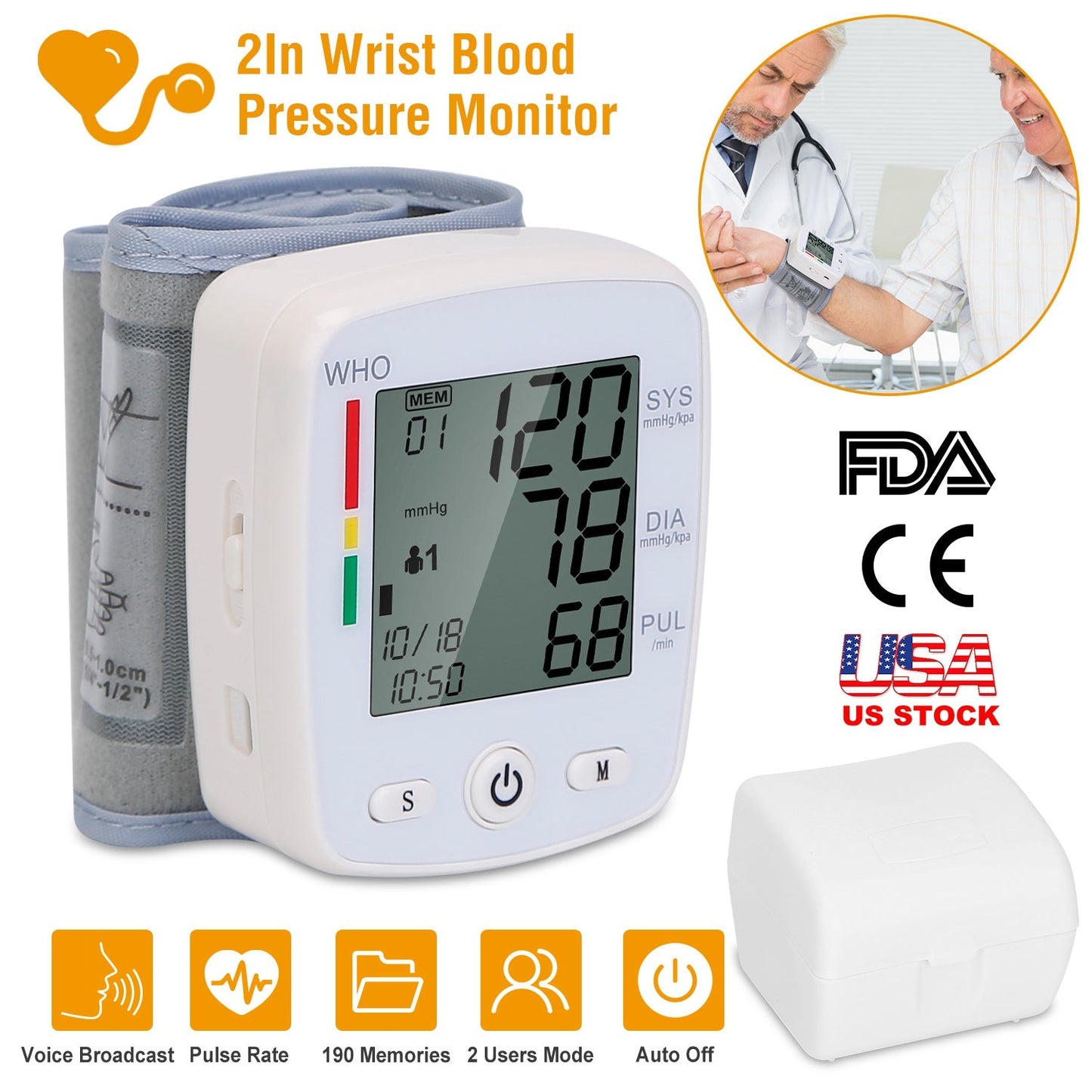 Digital Wrist Blood Pressure Monitor with Memory and LCD Display