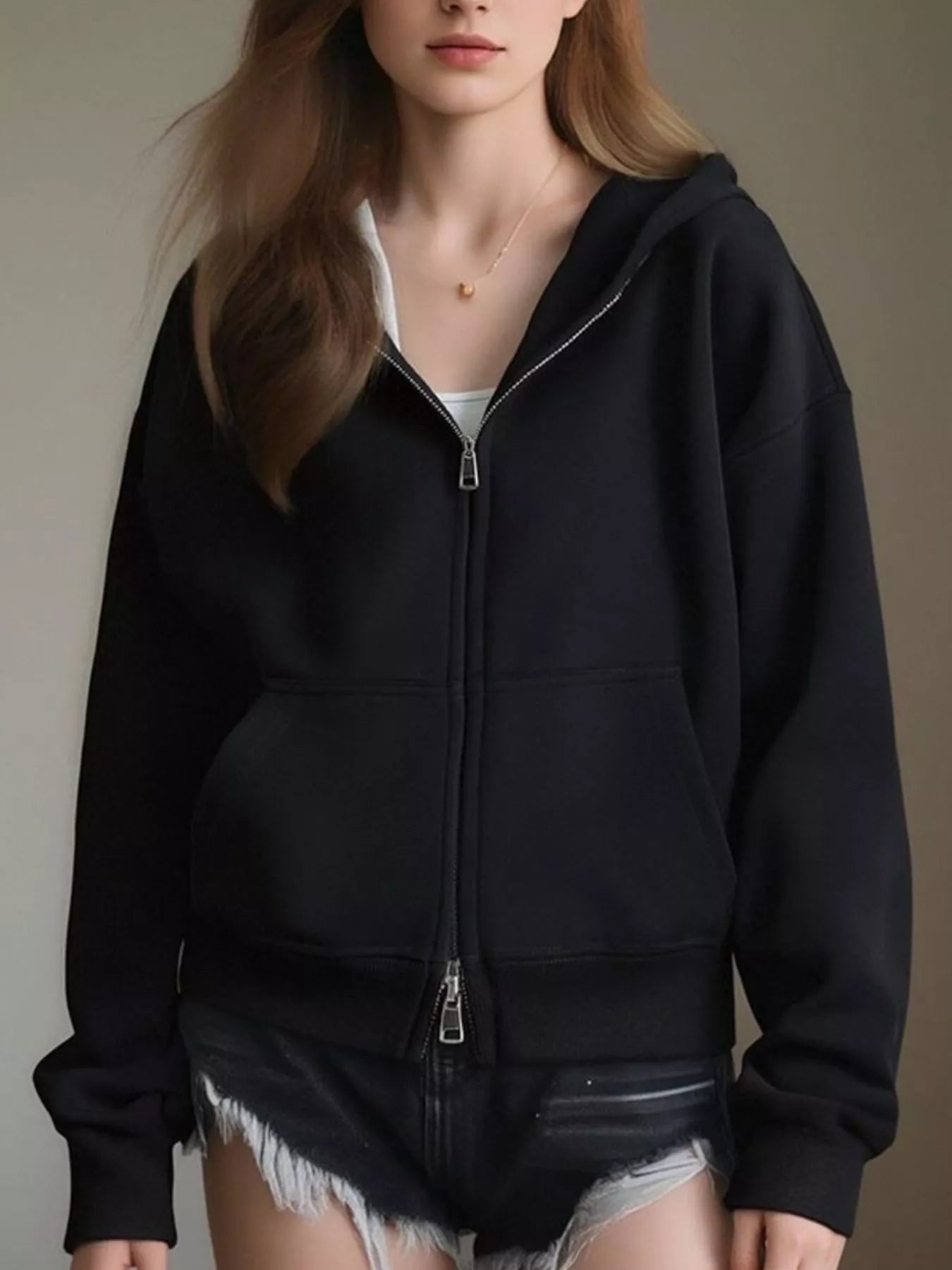 Plus Size Casual Zip-Up Long Sleeve Hoodie
