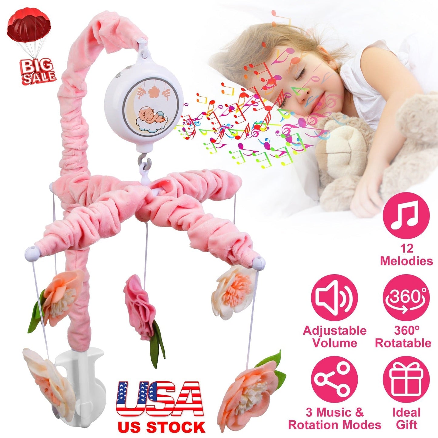 Mobile musical Gbruno pour filles - 12 mélodies et 5 hochets en fleurs