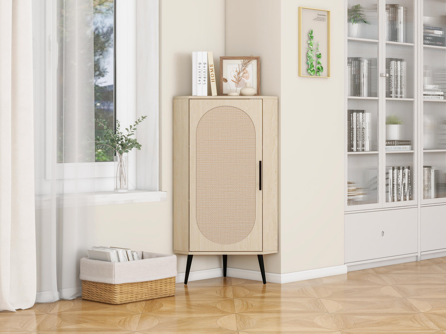 Elegant Freestanding Corner Cabinet with Rattan Doors