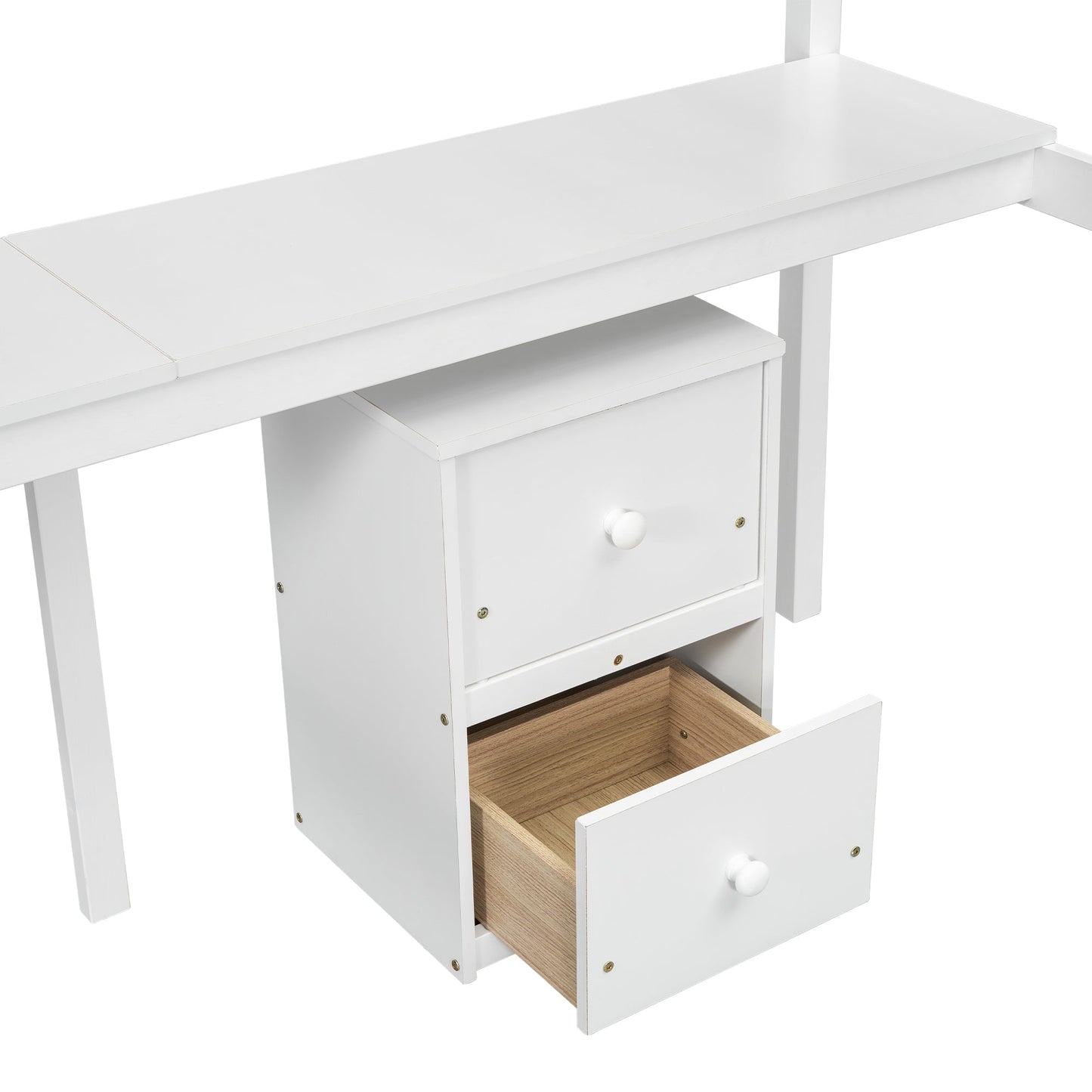 Twin Loft Wood Bed with Under-bed, Built-in Desk, a Storage Cabinet of 2 Drawers, Guardrails, Ladder,White - Korvel