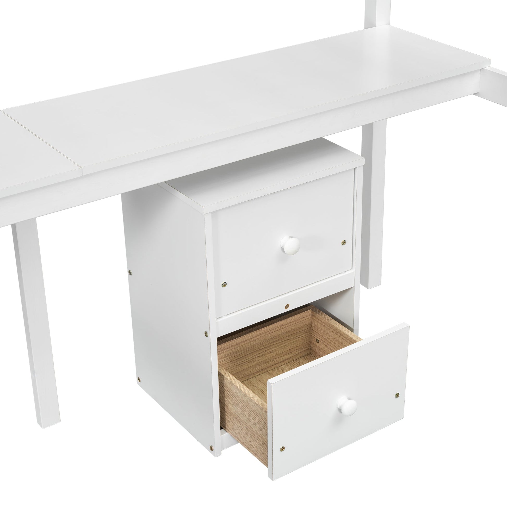 Twin Loft Wood Bed with Under-bed, Built-in Desk, a Storage Cabinet of 2 Drawers, Guardrails, Ladder,White - Korvel
