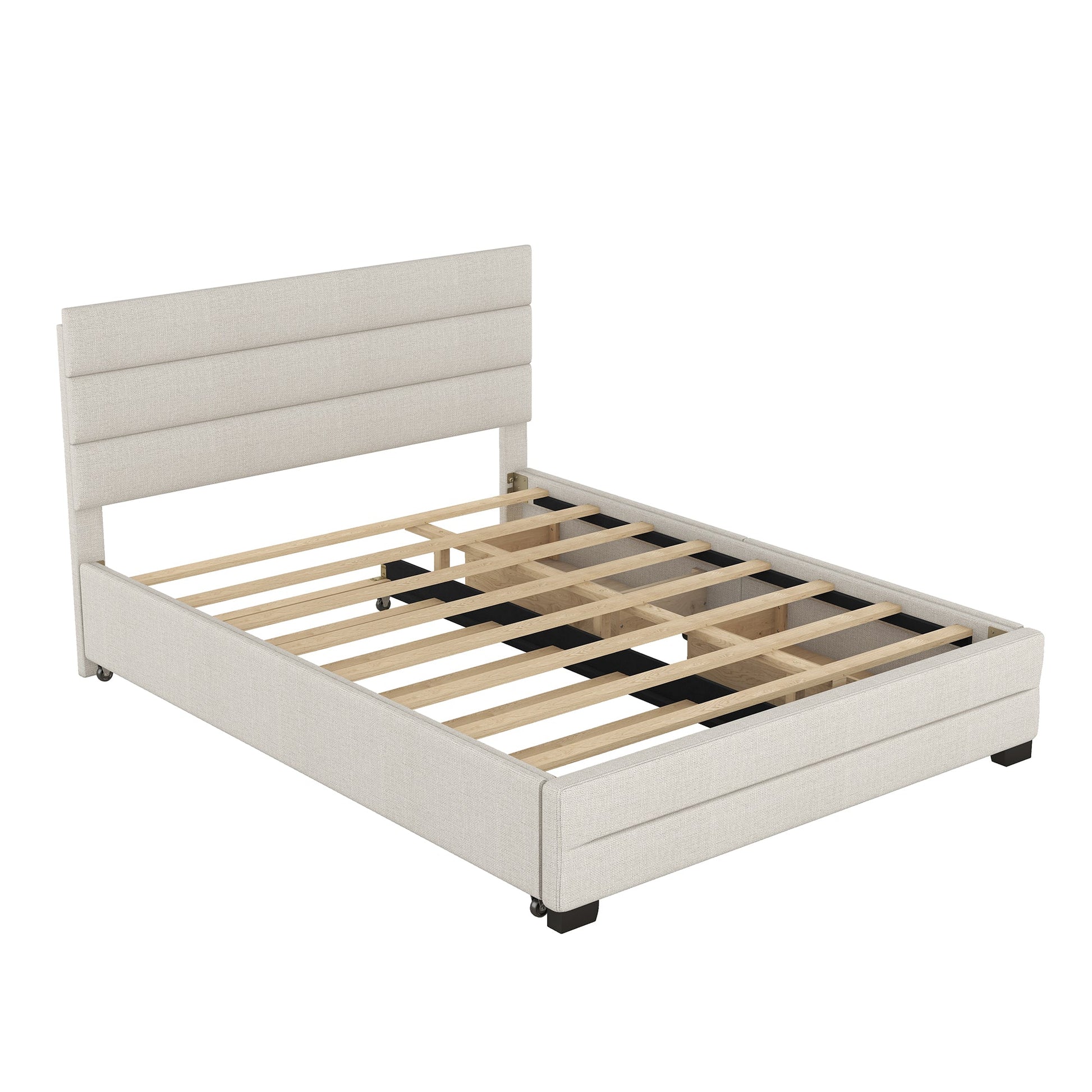 Queen Upholstered Platform Bed with Twin Size Trundle and Two Drawers  Beige - Korvel