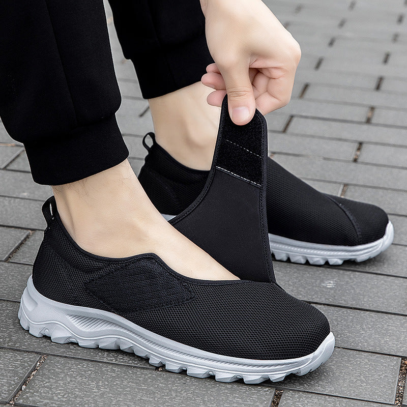 Elderly shoes men's chubby feet swollen feet, special health shoes sports shoes single buckle with dad's shoe mesh - Korvel