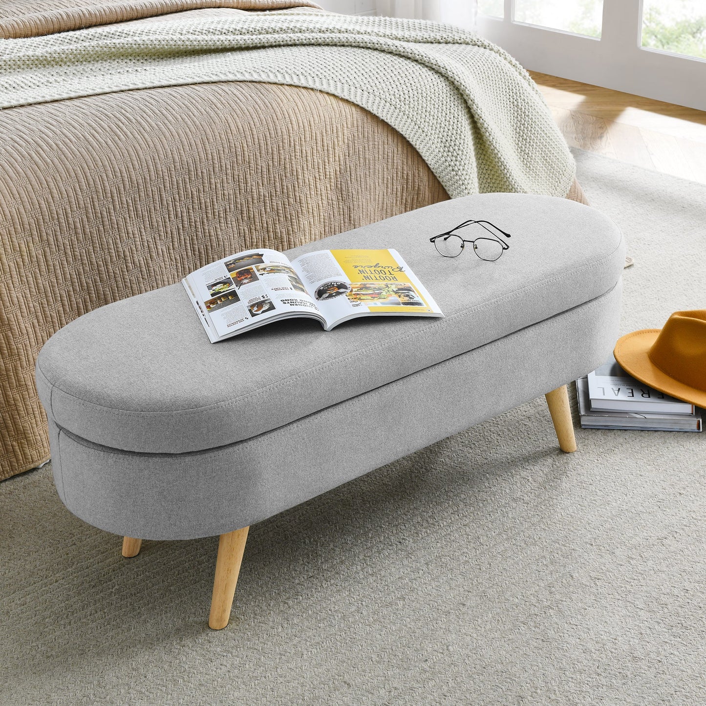 Ottoman Oval Storage Bench Rubber Wood Legs Grey(43.5"x16"x16") - Korvel