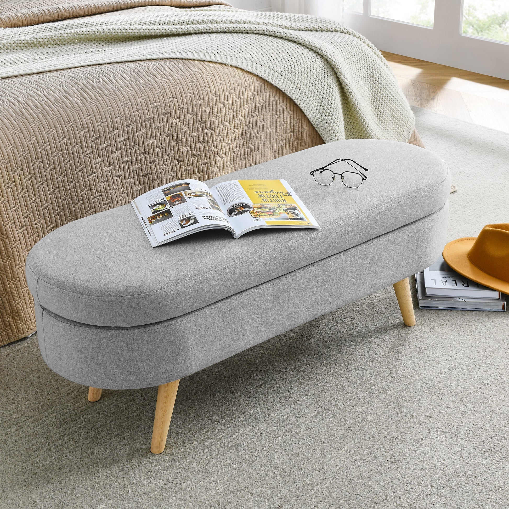 Ottoman Oval Storage Bench Rubber Wood Legs Grey(43.5"x16"x16") - Korvel