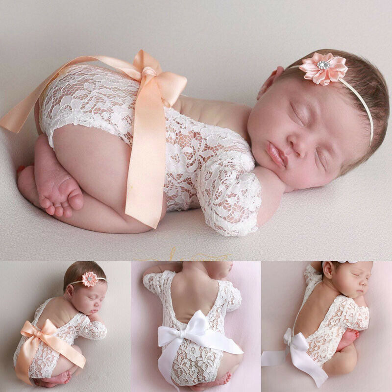 Conjunto de Romper de Encaje para Recién Nacidos y Banda para el Cabello