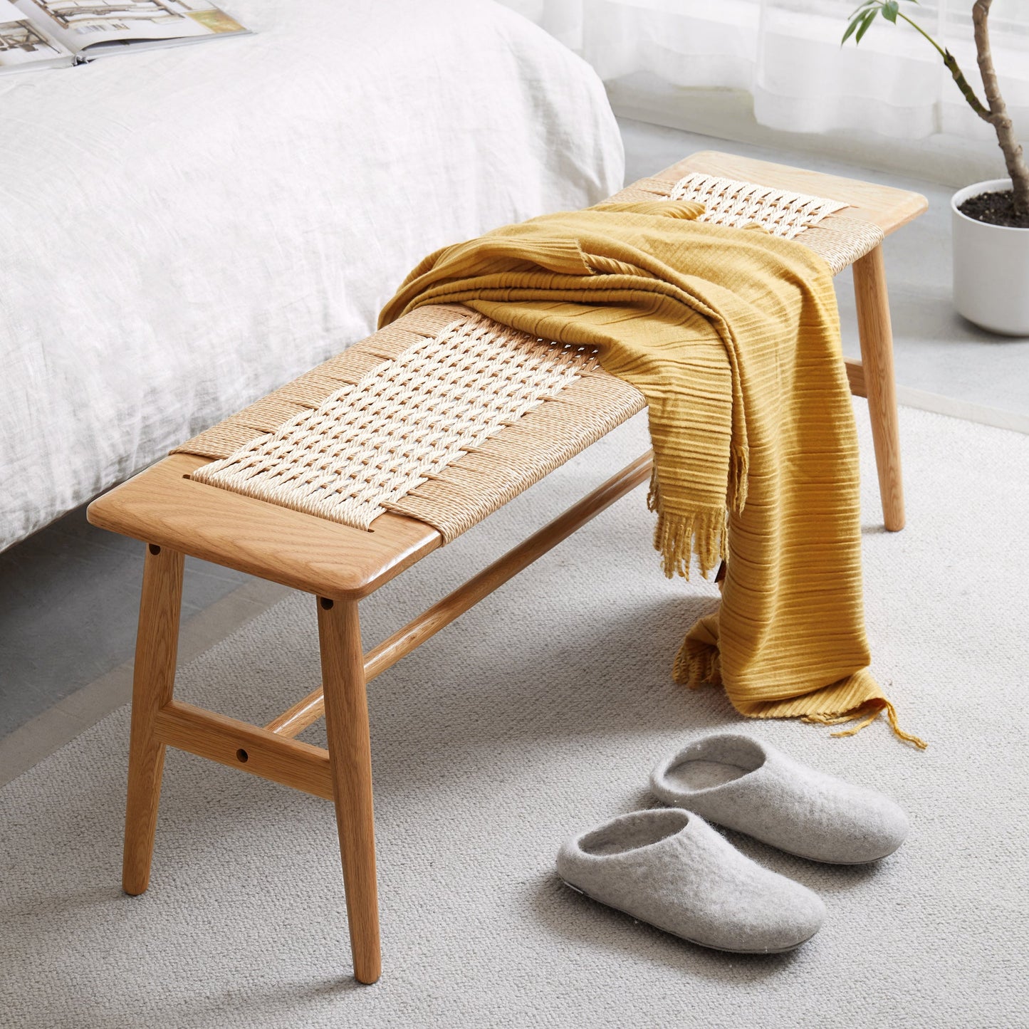 Woven Design Natural Oak Wood Backless Dining Bench
