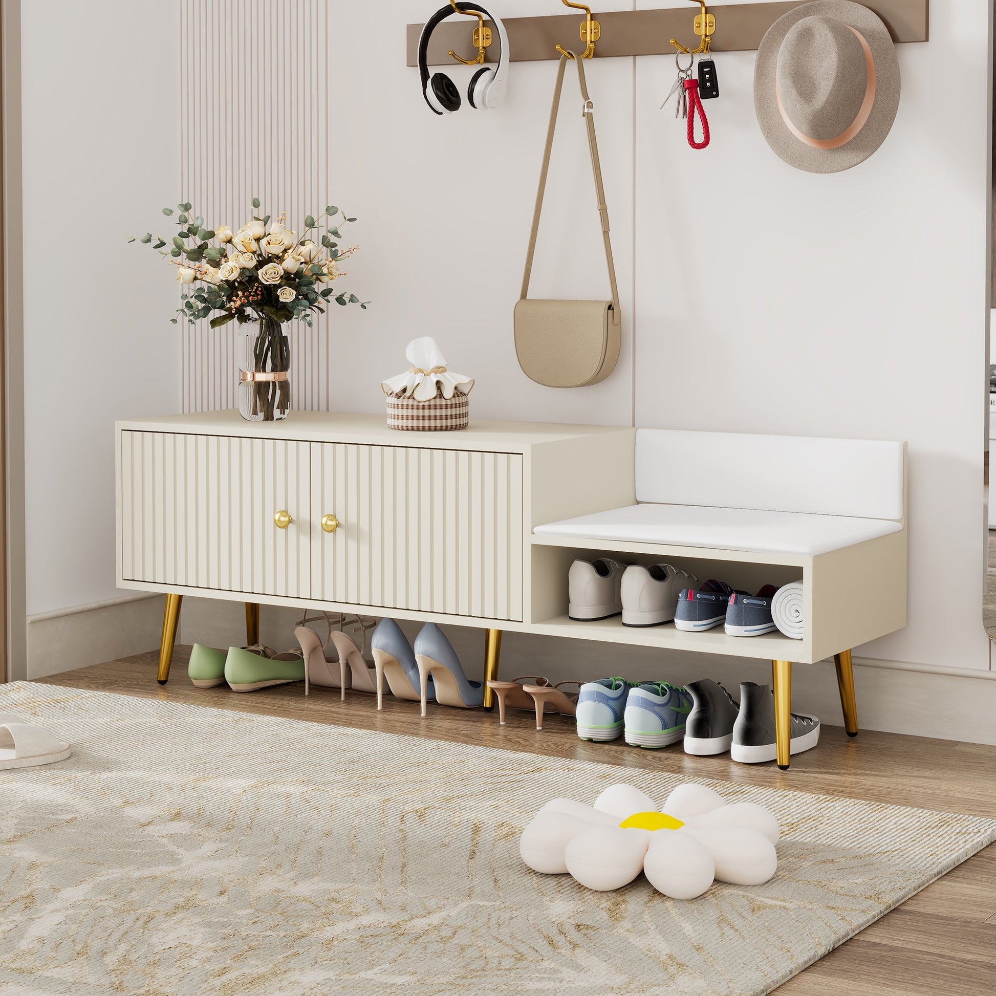 Modern Shoe Storage Bench with Hidden Storage and Upholstered Cushions for Bedside, Living Room and Entryway ((Antique White) - Korvel