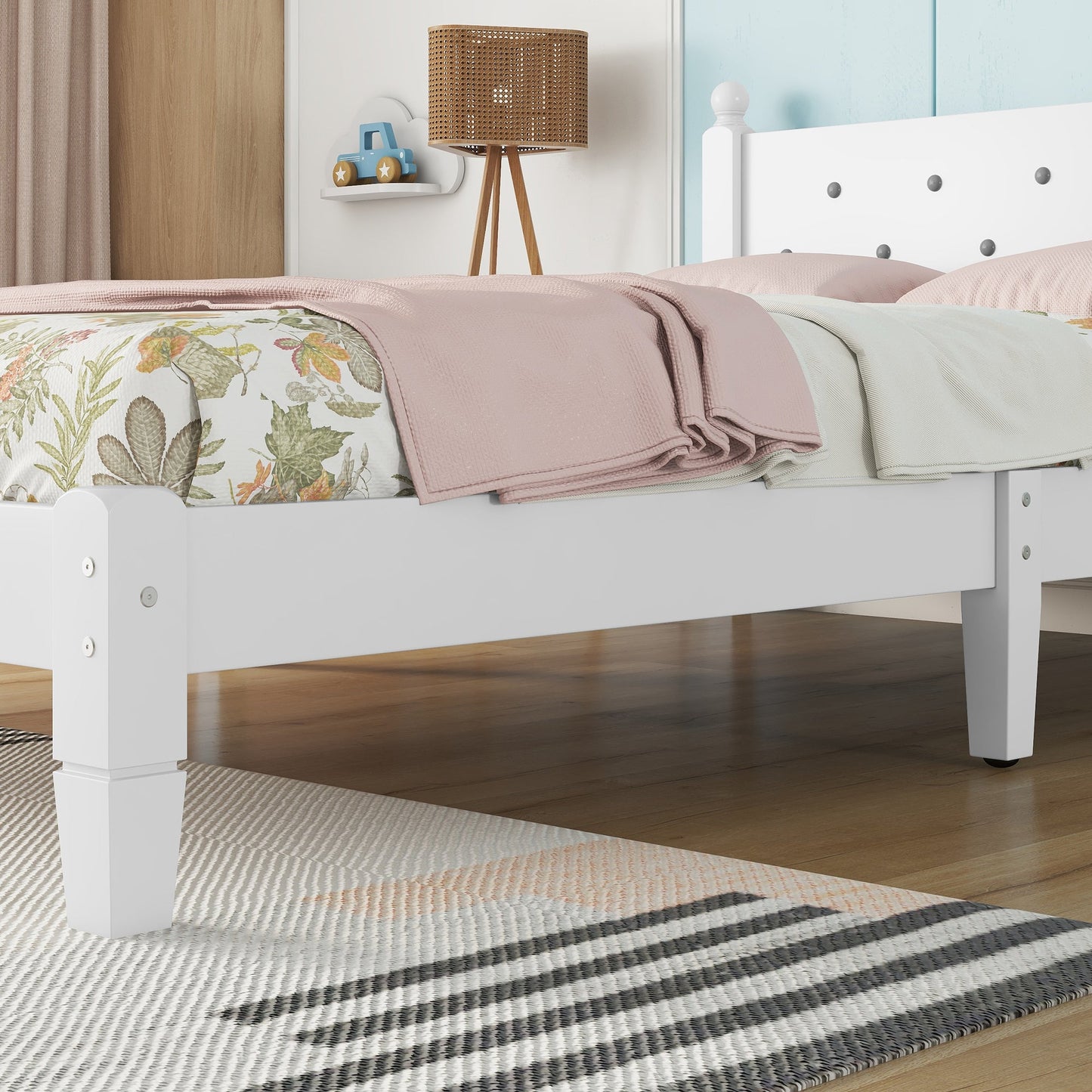 Twin Bed with Button-Decoration Headboard, with Bed Slats,White - Korvel